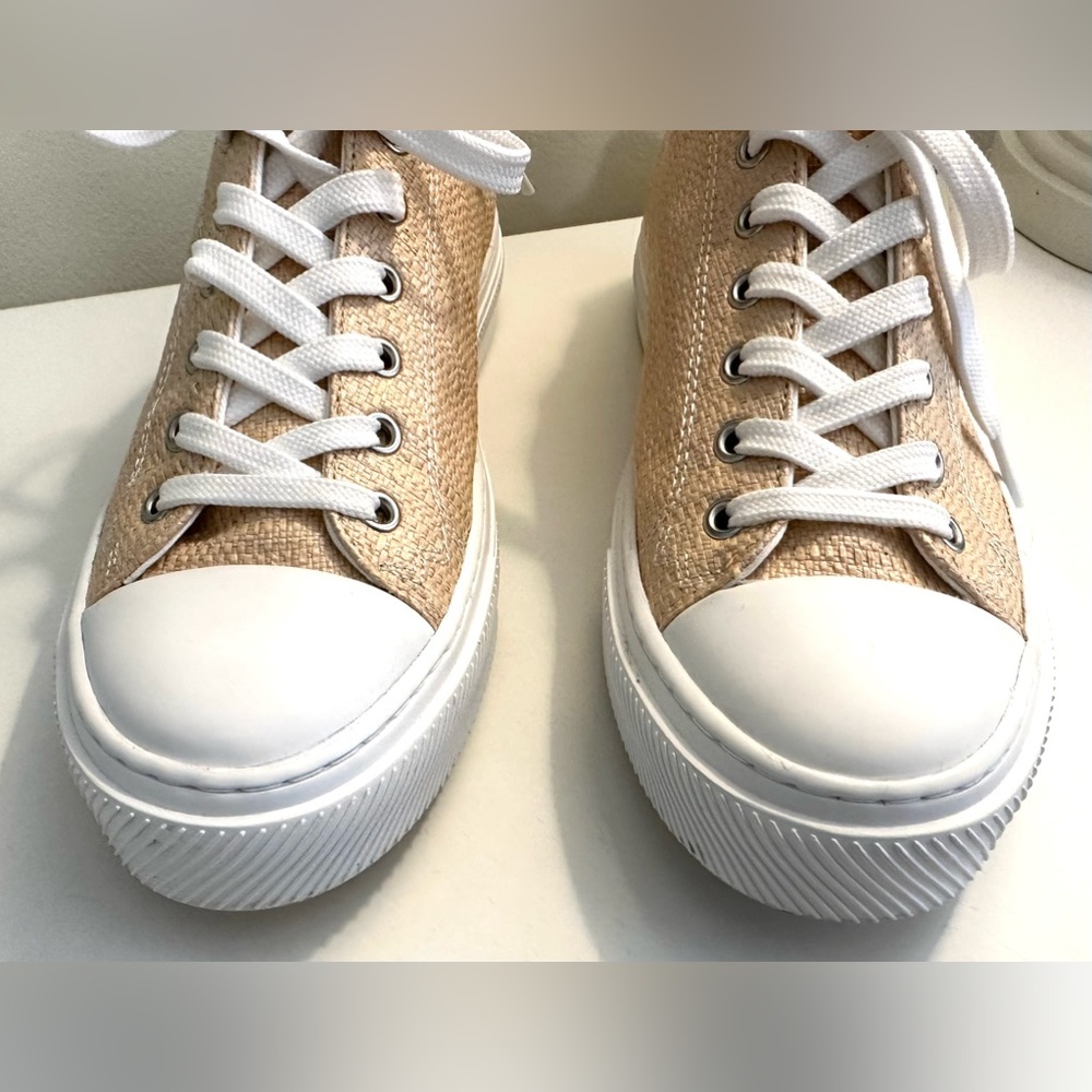 STUART WEITZMAN Ollie Sneakers Woven Raffia Lace Up Shoes Low Top Straw Natural - Picture 4 of 14
